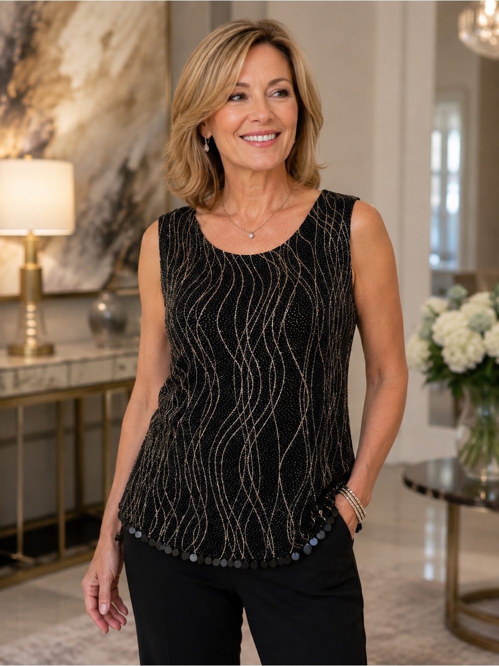 Vintage Ronni Nicole by Ouida Black Gold Shimmer Sleeveless Top Size 16